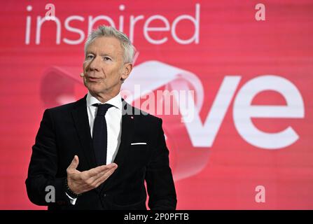 Marc Raisiere, CEO von Belfius, stellte am Freitag, den 03. März 2023, auf einer Pressekonferenz die Ergebnisse der Belfius-Bank für 2022 Jahre im Belfius-Turm, dem Hauptsitz der Bank in Brüssel, vor. BELGA FOTO ERIC LALMAND Stockfoto