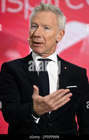 Marc Raisiere, CEO von Belfius, stellte am Freitag, den 03. März 2023, auf einer Pressekonferenz die Ergebnisse der Belfius-Bank für 2022 Jahre im Belfius-Turm, dem Hauptsitz der Bank in Brüssel, vor. BELGA FOTO ERIC LALMAND Stockfoto