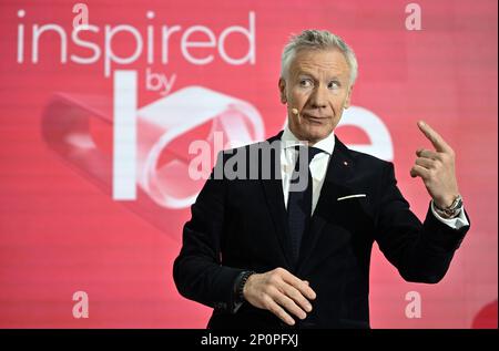 Marc Raisiere, CEO von Belfius, stellte am Freitag, den 03. März 2023, auf einer Pressekonferenz die Ergebnisse der Belfius-Bank für 2022 Jahre im Belfius-Turm, dem Hauptsitz der Bank in Brüssel, vor. BELGA FOTO ERIC LALMAND Stockfoto