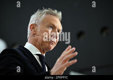 Marc Raisiere, CEO von Belfius, stellte am Freitag, den 03. März 2023, auf einer Pressekonferenz die Ergebnisse der Belfius-Bank für 2022 Jahre im Belfius-Turm, dem Hauptsitz der Bank in Brüssel, vor. BELGA FOTO ERIC LALMAND Stockfoto