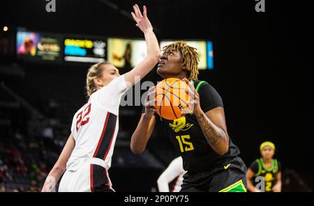 LasVegas, NV, USA. 02. März 2023. A. Oregon Ducks Center Phillipina Kyei (15) geht beim NCAA Women's Basketball Pac -12 Tournament Quarterfinals Game zwischen Oregon Ducks und dem Stanford Cardinal auf den Basketball. Stanford schlug Oregon 76-65 in der Mandalay Bay Michelob Arena Las Vegas, NV. Thurman James /CSM/Alamy Live News Stockfoto