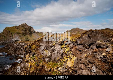 Blick auf Westman Island mit einem orangefarbenen Truck, der über den Klippen hängt, eingebettet in das Unterholz Stockfoto