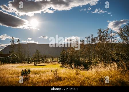 Isländische Wohnung mit blauem Himmel und flauschigen weißen Wolken über fernen Bergketten Stockfoto