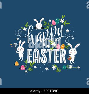 Wunderschöne handgezeichnete osterdesigns mit dem Text „Happy Easter“ niedliche handgezeichnete Häschen, Eier und Dekoration - Vektordesign Stock Vektor