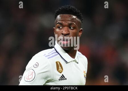 Vinicius Jr von Real Madrid während des Spiels Copa del Rey zwischen Real Madrid und dem FC Barcelona, gespielt im Santiago Bernabeu Stadion am 2. März 2023 in Madrid, Spanien. (Foto: Bagu Blanco / PRESSIN) Stockfoto