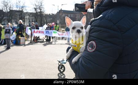 Brighton UK 3. . März 2023 - Global Climate Strike Demonstranten , darunter Mitglieder von Just Stop Oil und Extinction Rebellion , versammeln sich vor dem heutigen Marsch durch Brighton . Cimate-Aktivisten auf der ganzen Welt gehen in Protesten gegen die Klimakrise auf die Straße : Credit Simon Dack / Alamy Live News Stockfoto