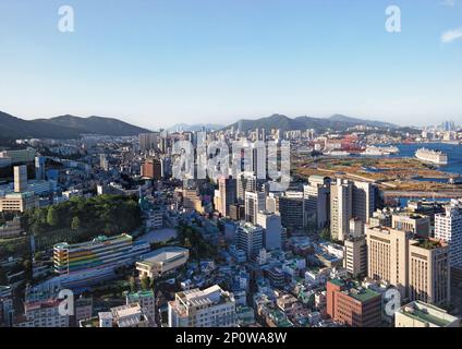 Busan, Südkorea - Mai 2019: Blick aus der Vogelperspektive auf die Stadt Busan Harbour vom Busan Tower Stockfoto