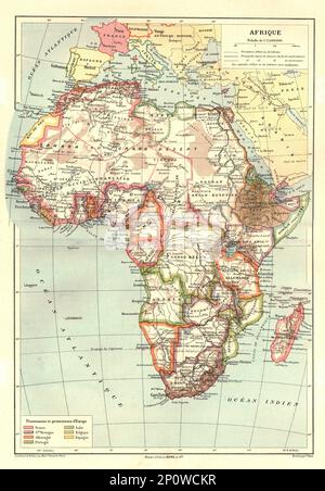 „Karte Afrikas mit Besitztümern und Protektorats d'Europe“, 1914. Von „Grande Geographie Bong Illustree“, 1914. Stockfoto