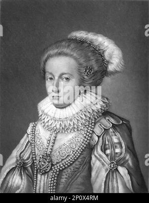 Elisabeth, Königin von Böhmen und Tochter von James 1.; Zeugnis 1662, 1813. Von „Porträts von Figuren, die in der britischen Geschichte berühmt sind, vom Beginn der Herrschaft von Heinrich dem Achten bis zum Ende der Herrschaft von James dem Zweiten“ [Samuel Woodburn, London, 1815]. Stockfoto