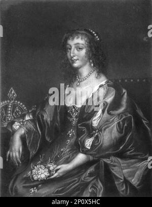 Henrietta Maria, Königin von Karl I.; Zeugnis 1669. Von „Porträts von Figuren, die in der britischen Geschichte berühmt sind, vom Beginn der Herrschaft von Heinrich dem Achten bis zum Ende der Herrschaft von James dem Zweiten“ [Samuel Woodburn, London, 1815]. Stockfoto