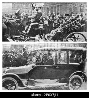 "Les Funerailles a La Hofburg; L'Kaiser Adjutant de Camp en victoria, l'Archidue Heritier en automobile se rendent a la chapelle de la Hofburg". Aus „L'Album de la Guerre 1914-1919, Volume I“ [L'Illustration, Paris, 1924]. Stockfoto