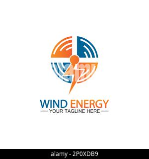 Logo für Windenergie. Symbol für erneuerbare Energien mit Windturbinen und Donner Bolt isoliert auf weißem Hintergrund Stock Vektor