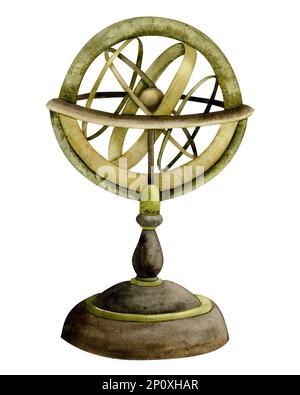 Aquarellnavigation Armillarsphäre, klassische sphärische Astrolabe Instrumentendarstellung isoliert auf Weiß. Stockfoto