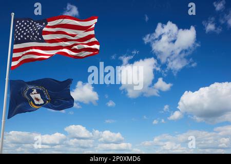 Flagge der Central Intelligence Agency der Vereinigten Staaten, CIA winkt im Wind. USA Nationale Verteidigung. Speicherplatz kopieren. 3d-Illustration. Stockfoto