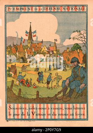 "Les affiches illustrees du deuxieme emprunt; 2eme Emprunt de la Defense Nationale.", 1916. Aus der „Collection de la Guerre IV L'Illustration Tome CXLVII. La Guerre Juillet, Aout, Septembre, Octobre, Novembre, Dez. 1916". Stockfoto