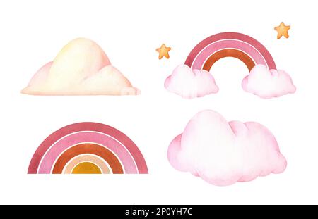 Handbemalte Regenbogen und pinkfarbene Wolken. Süße Illustrationen isoliert. Design für Logo, Babytextilien, Druck, Kinderzimmer-Dekor, Kinder Stockfoto