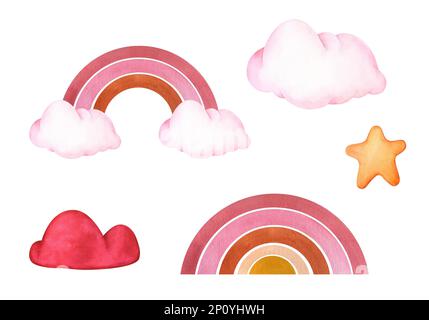 Handbemalte Regenbogen und pinkfarbene Wolken. Süße Illustrationen isoliert. Design für Logo, Babytextilien, Druck, Kinderzimmer-Dekor, Kinder Stockfoto