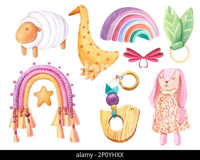 Aquarell Set mit Holz, Makrame, Regenbogenpyramide, Kaninchen, Vogel, Entenspielzeug für Kinder. Design für Logo, Babytextilien, Druck, Kinderzimmer-Dekor, Kinder Stockfoto