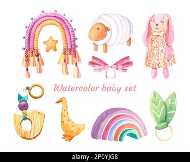 Aquarell Set mit Holz, Makrame, Regenbogenpyramide, Kaninchen, Vogel, Entenspielzeug für Kinder. Design für Logo, Babytextilien, Druck, Kinderzimmer-Dekor, Kinder Stockfoto
