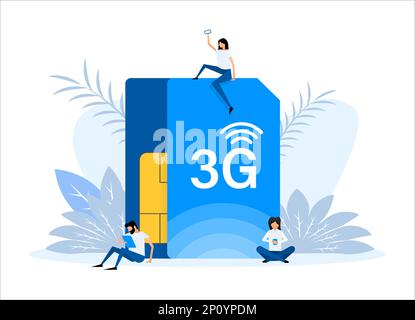 3G-Netzwerktechnologie. Telekommunikationsdienst für Internetsysteme. Die Leute stehen in der Nähe von großen sim-Karten Stock Vektor