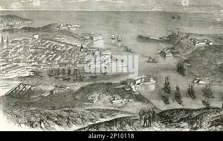 Europa, Ukraine, Sewastopol auf der Krim , Blick auf den Hafen, Holzstich aus dem 19. Jahrhundert . / Europa, Ukraine, Krim, Sewastopol , Blick auf den Hafen, Holzgravierung , 19. Jahrhundert. Stockfoto