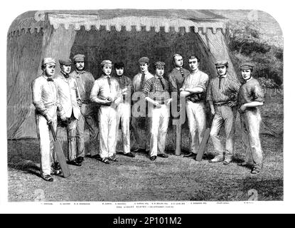 Ein Gruppenporträt von 1861 des Surrey 11 Cricket-Teams. Der Surrey County Cricket Club (SCCC) wurde 1845 gegründet, nachdem er den Kennington Oval erworben hatte, ursprünglich ein Kohlfeld und Marktgarten im Besitz des Herzogtums Cornwall. Das erste Cricket-Spiel fand im Mai 1845 statt. Stockfoto