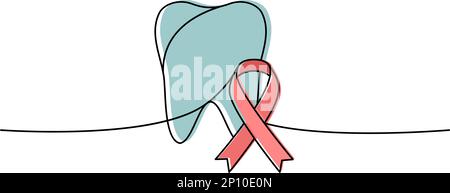 Zahn mit Band einzeilige farbige durchgehende Zeichnung. Krebsbewusstseinsband, AIDS-Band durchgehende einzeilige, farbenfrohe Illustration. Stock Vektor