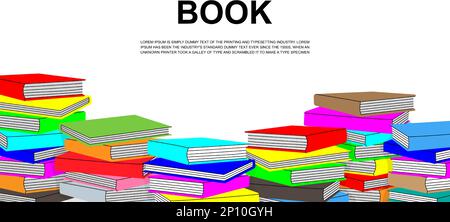 Stapel von Büchern mit horizontaler Bannervorlage. Buchladen, Bibliothek, Buchladen Illustration. Literatur, Wörterbücher, Planer. Vektordarstellung Stock Vektor