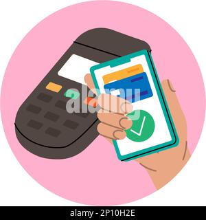 Smartphone-Zahlung mit POS-Terminal. Mobiles Zahlungskonzept. E-Wallet und mobile Bezahlung. POS-Terminal für kontaktloses Bezahlen mit Smartphone. Stock Vektor