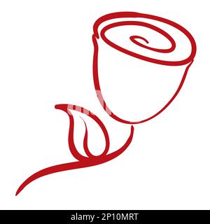 Rote Linien in Form einer aufgerollten Rose mit Stiel und Blatt. Design isoliert auf weißem Hintergrund. Stock Vektor