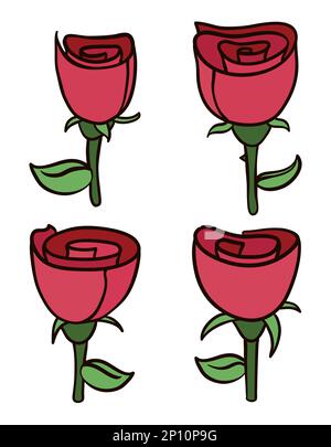 Set mit vier pinkfarbenen Rosen mit Septum, Blättern, Hagebutten und Stämmen in Umrissen und flachen Farben. Stock Vektor