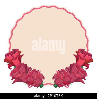 Schablone mit rundem und gezacktem Etikett mit Rahmen, dekoriert mit rosafarbenen Rosenanordnungen im Cartoon-Stil. Stock Vektor