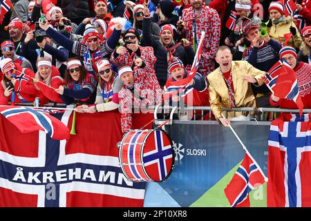 Planica, Slowenien. 03. März 2023. Skipisten: Weltmeisterschaft, Skilanglauf - Relais 4 x 10 km, Männer. Norwegische Fans jubeln auf der Tribüne. Kredit: Daniel Karmann/dpa/Alamy Live News Stockfoto