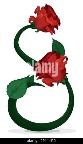 Abstract Nummer acht mit langem, grünem Stiel, Blättern und roten Rosen zum Gedenken an den Frauentag am 8. März. Stock Vektor