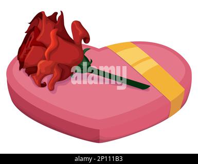Besonderes und romantisches Geschenk mit herzförmigem Boden, mit goldenem Band und roter Rose dekoriert. Design im Cartoon-Stil auf weißem Hintergrund. Stock Vektor