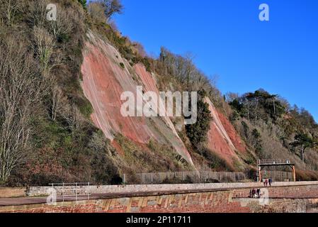 Schutz der Eisenbahn in Teignmouth vor Klippenfällen durch Drahtnetze, die an der Klippe über dem Fangzaun angeschraubt sind. Stockfoto