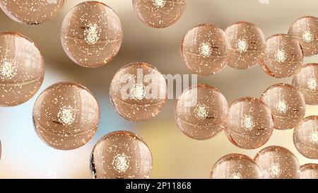 Ätherische Ölblasen für Kosmetika in Wasser. Goldene Flüssigkeitsblasen, Flüssigkeitsströmung. Kollagen, schwimmende Atome, feuchtigkeitsspendende Creme, Hautserum, Vitamin, Be Stockfoto