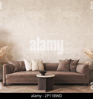 Modernes, skandinavisches Design, Innenraum. Modellrahmen beige Putzwand. Minimalistisches Sofa mit Holztisch und Einrichtung. 3D-Rendering Stockfoto