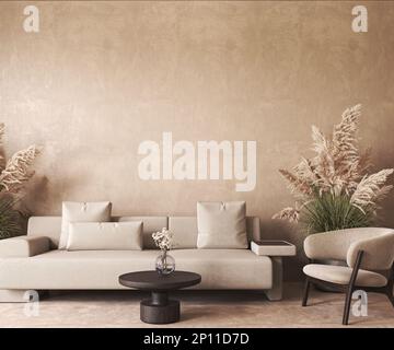 Modernes, skandinavisches Design, Innenraum. Modellrahmen beige Putzwand. Minimalistisches Sofa mit Holztisch und Einrichtung. 3D-Rendering Stockfoto