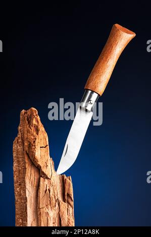 Taschenmesser mit Holzgriff im Holz auf dunkelblauem verlaufendem Hintergrund. Stockfoto