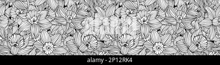 Nahtloses handgezeichnetes Muster mit Narzissenblumen im Vintage-Stil. Trendige Linocut-Linien umreißen die Osterbanner mit Frühlingsblumen. Elegant Stockfoto