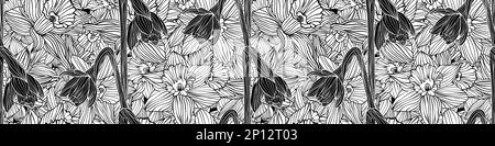 Nahtloses handgezeichnetes Muster mit Narzissenblumen im Vintage-Stil. Trendige, holzgeschnittene Kunstsilhouetten, Frühlingsblumen, Osterbanner im Hintergrund. Eleganz Stockfoto