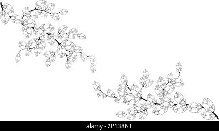 Ein wunderschöner blühender Ast, reich dekoriert mit Blumen, Knospen und Blättern. Von Hand zeichnen. Stockfoto