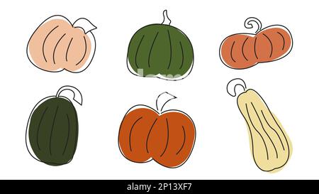 Set aus einfachen farbenfrohen, handgezeichneten Kritzelsymbolen mit HerbstKürbissen. Objekte, Elemente, Cliparts, Aufkleber für Thanksgiving und Halloween. Wie Süß Stock Vektor