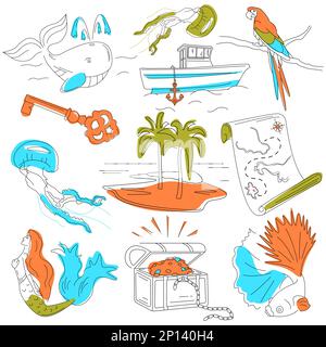 Stilvolle, helle Bilder über Sommer, Reisen, exotischen Tourismus. Niedliche lineare Babysymbole über Meeresabenteuer. Einfache Illustrationen für Kinderbücher Stock Vektor