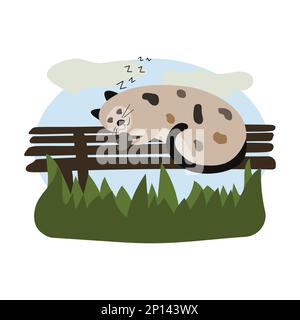 Süße und gemütliche Illustration für ein Kinderbuch. Lustige fette Katze schläft und schnarcht auf einer Parkbank. Das Haustier ruht sich in der Natur aus. Selbstgehendes Katzengehen Stock Vektor