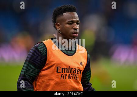 MADRID, SPANIEN - MÄRZ 2: Vinicius Junior of Real Madrid vor dem Halbfinale Leg One - Copa Del Rey Match zwischen Real Madrid CF und FC Barcelona im Estadio Santiago Bernabeu am 2. März 2023 in Madrid, Spanien (Foto: Pablo Morano/BSR Agency) Stockfoto