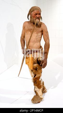 Rekonstruiertes Modell des Ötzi, des Iceman, im Südtiroler Archäologischen Museum (Museo Archeologico dell'Alto Adige), Bozen, Italien. Stockfoto