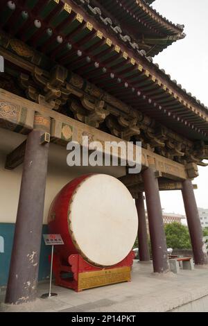 Umfangreiche Ausstellung von Trommeln im Tempelstil für Besucher im Xi'an Trommelturm in der chinesischen Stadt Xian. VR China, China. Die Gegend ist bei Touristen beliebt. (125) Stockfoto