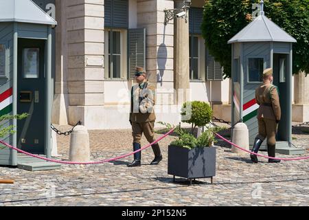 Schlosswache am Budapester Schlosspalast, Budavári Palota, Sitz des Präsidenten auf dem Schlosshügel im Budapester Budaer Stadtteil Stockfoto